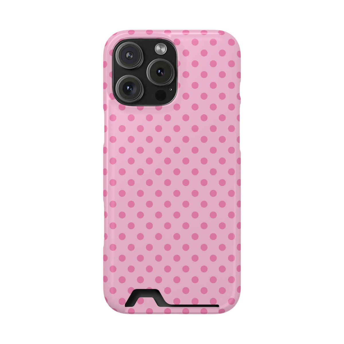 Pink polka dot phone case with a card in the slot