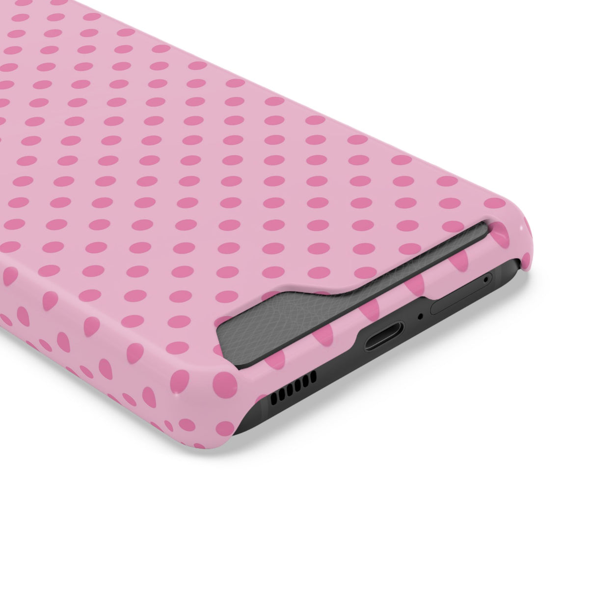 Polka dot phone case in two tones of pink, back view