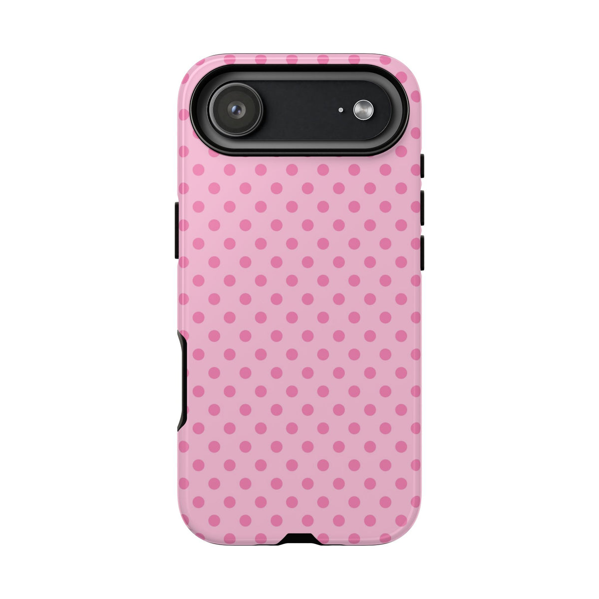Pink polka dot tough phone case on an iPhone