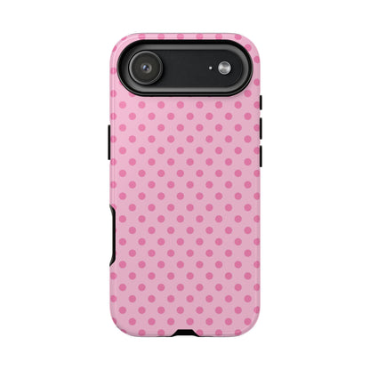 Pink polka dot tough phone case on an iPhone