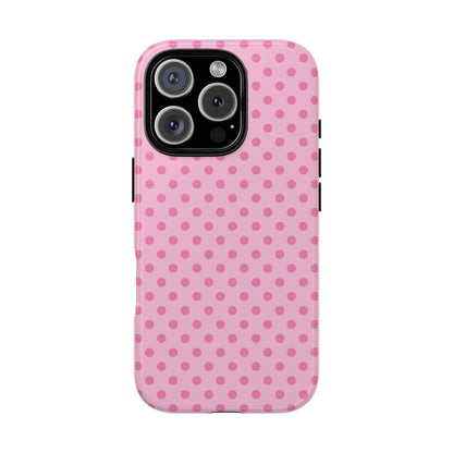 Pink dotted tough phone case seen from the side