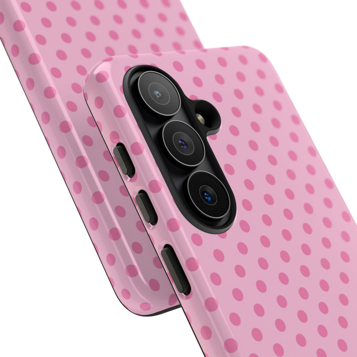 Pink polka dot tough phone case with raised camera edge