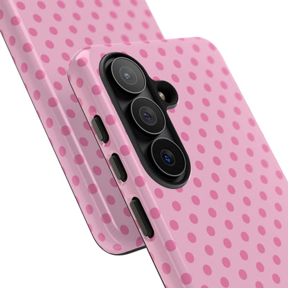 Pink polka dot tough phone case with raised camera edge
