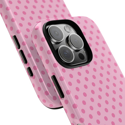Polka dot phone case in two tones of pink, back view