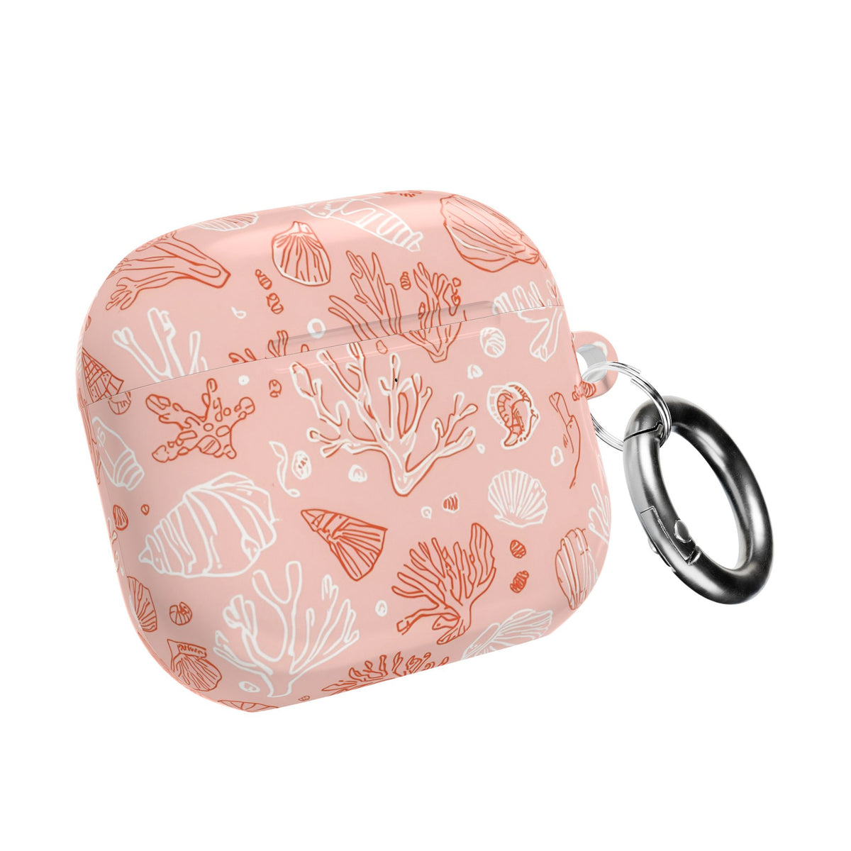 Pink seashell print AirPod case with coral and shells on blush pink