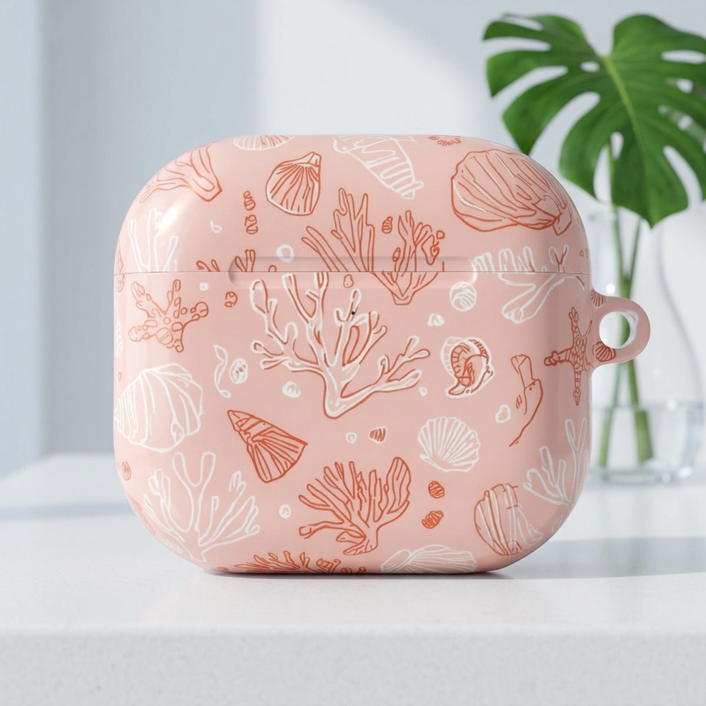 Close-up of the coral and shell print on the pink seashell AirPod case