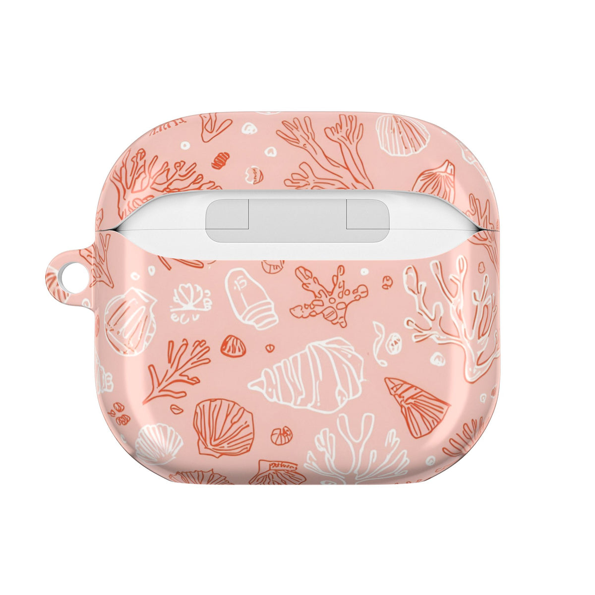 Beach inspired pink AirPod case with seashells and coral branches