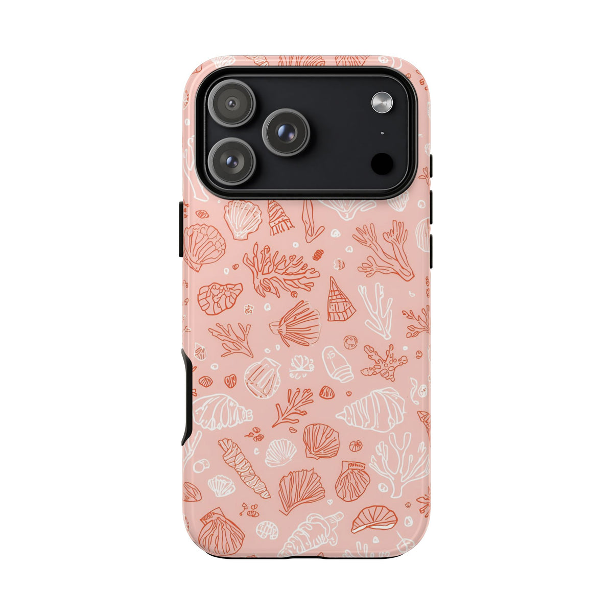 Pink seashell print tough phone case with white and coral shells on blush pink