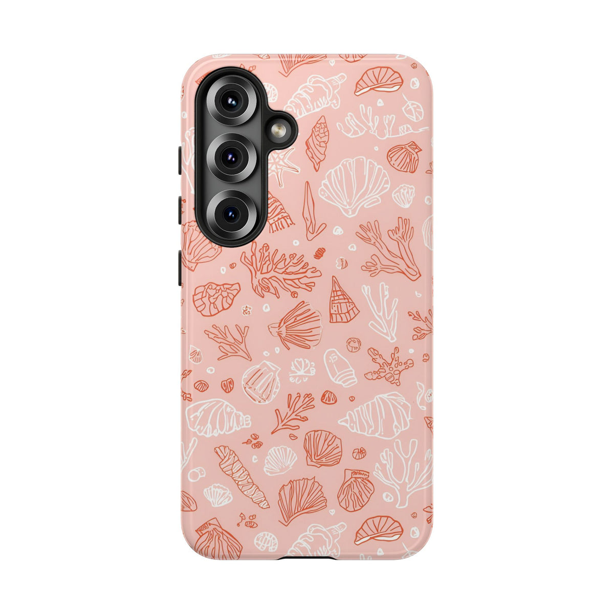 Coastal coral and seashell pattern on a blush pink tough phone case