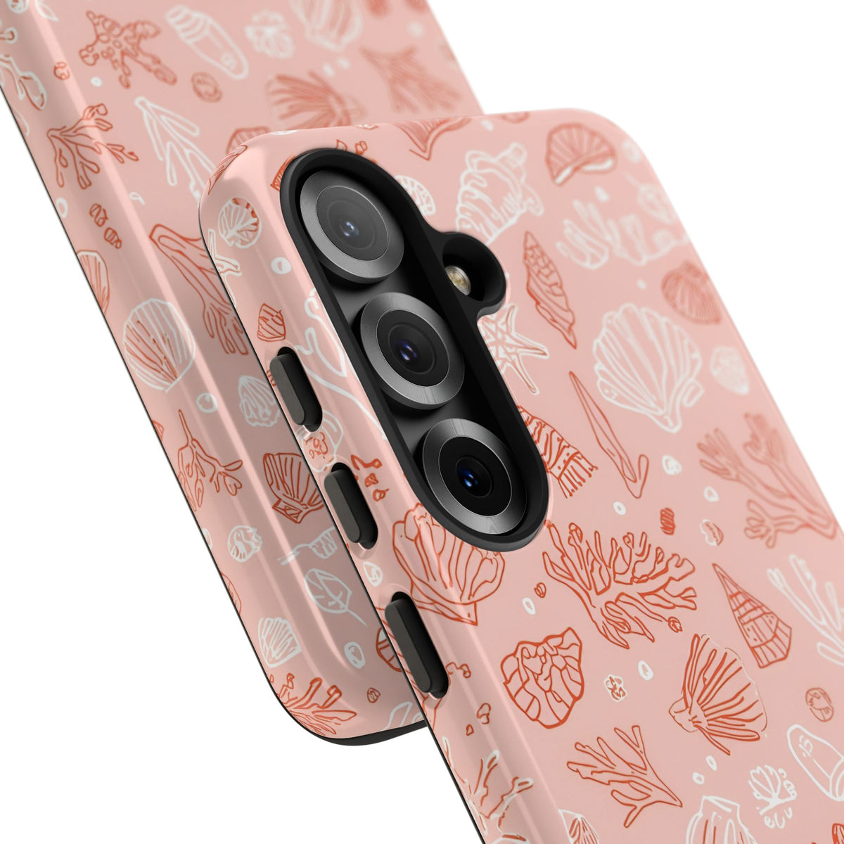 Pink seashell tough phone case shown from the side