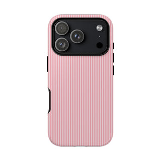 Pink striped tough phone case with fine vertical pinstripes on soft pink