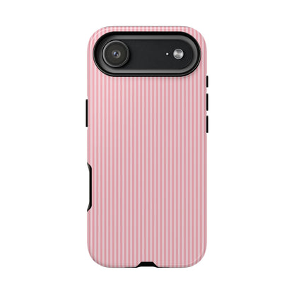 Back of pink pinstripe tough phone case showing the dual-layer shell
