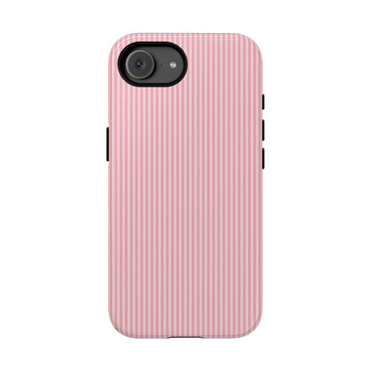 Pink striped tough phone case on a neutral background
