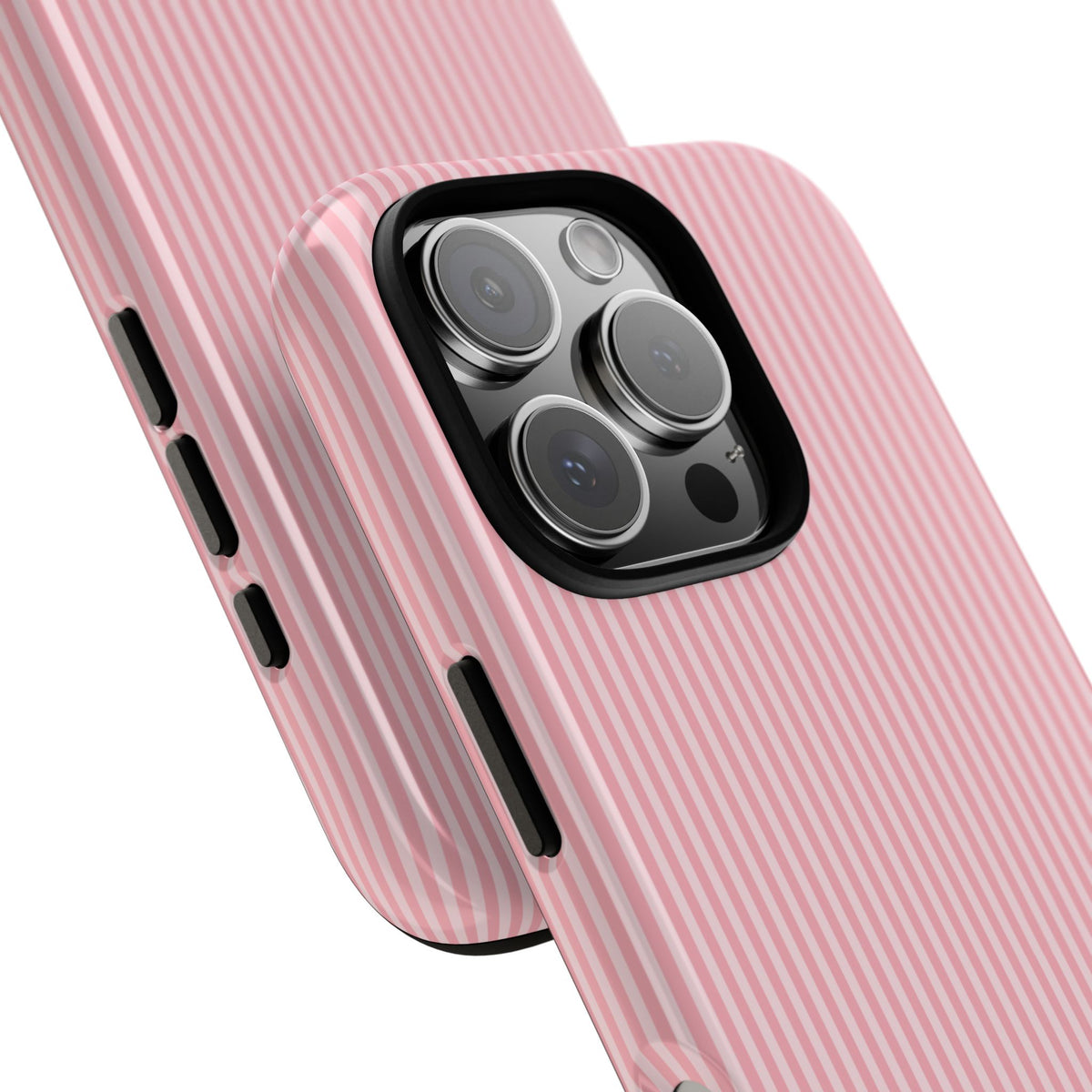 Corner detail of pink striped tough phone case with black inner liner