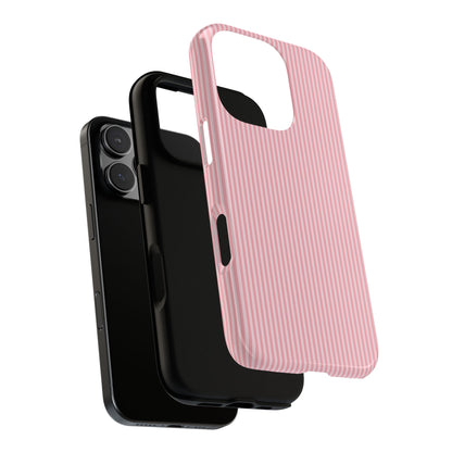 Pink striped tough phone case seen from the front with open ports