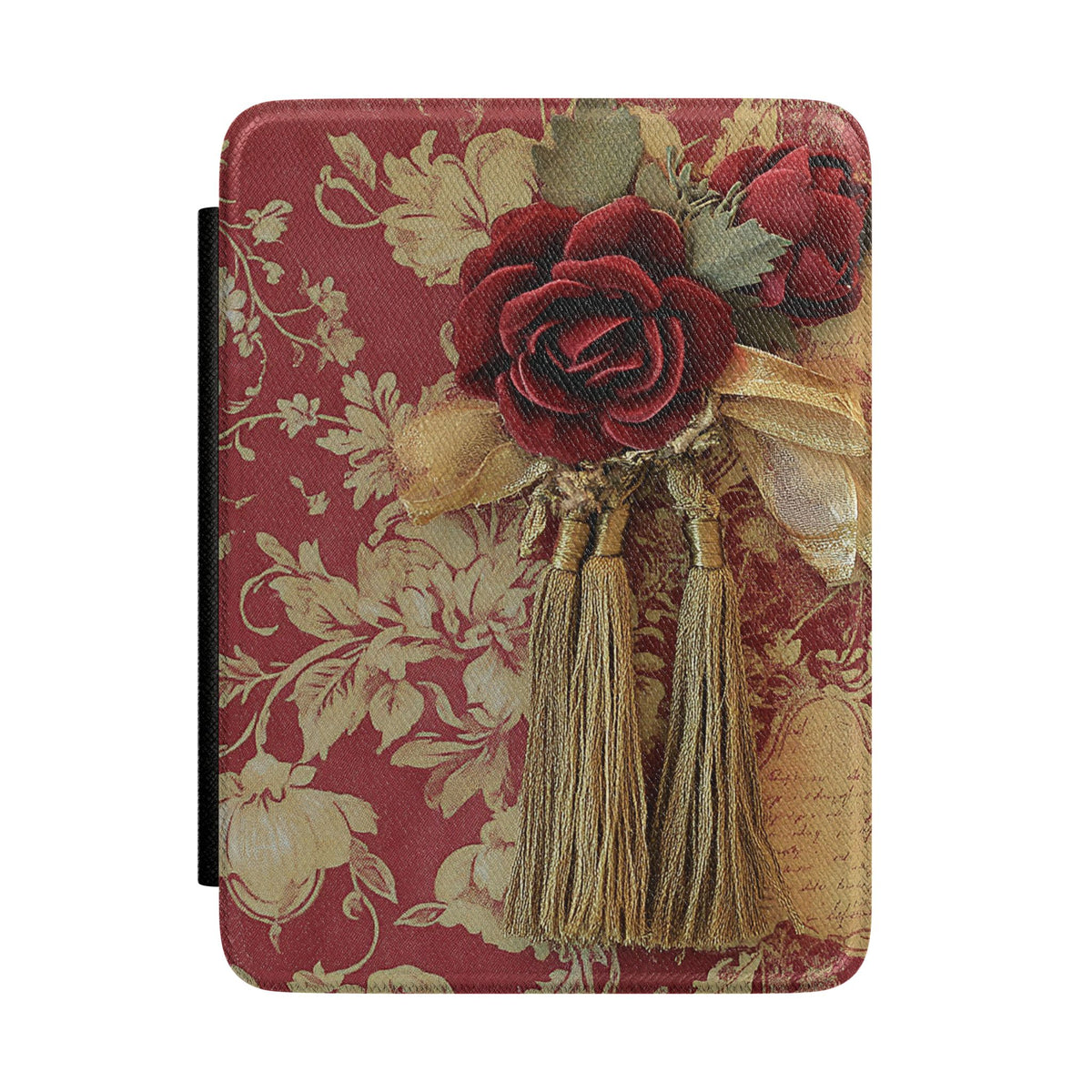 Red rose tapestry Kindle case with tassels on red damask