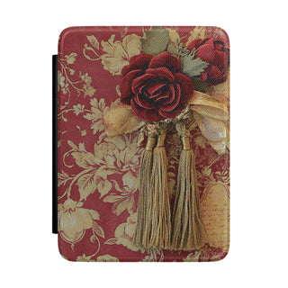 Red rose tapestry Kindle case with tassels on red damask