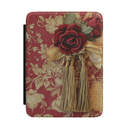 Red rose tapestry Kindle case with tassels on red damask