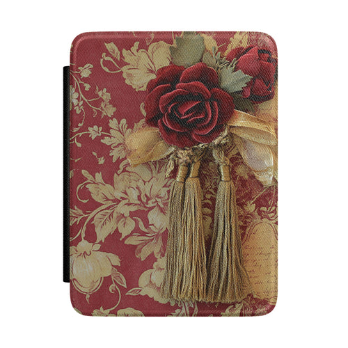 Red rose tapestry Kindle case with tassels on red damask