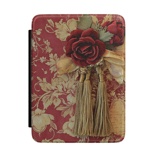 Red rose tapestry Kindle case with tassels on red damask
