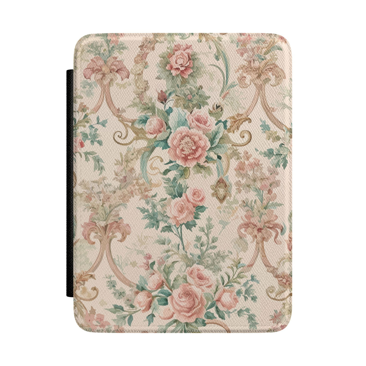 Rococo floral Kindle case with pink roses and gold scrolls on cream