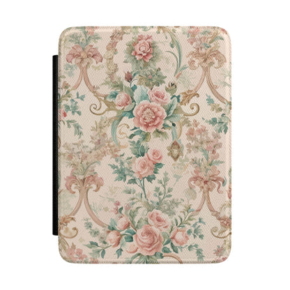Rococo floral Kindle case with pink roses and gold scrolls on cream