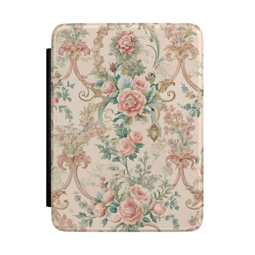 Rococo floral Kindle case with pink roses and gold scrolls on cream
