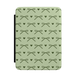 Sage green bow Kindle case with olive bows and hearts
