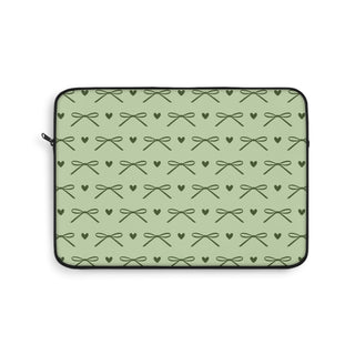 Sage green bow laptop sleeve with olive bows and hearts