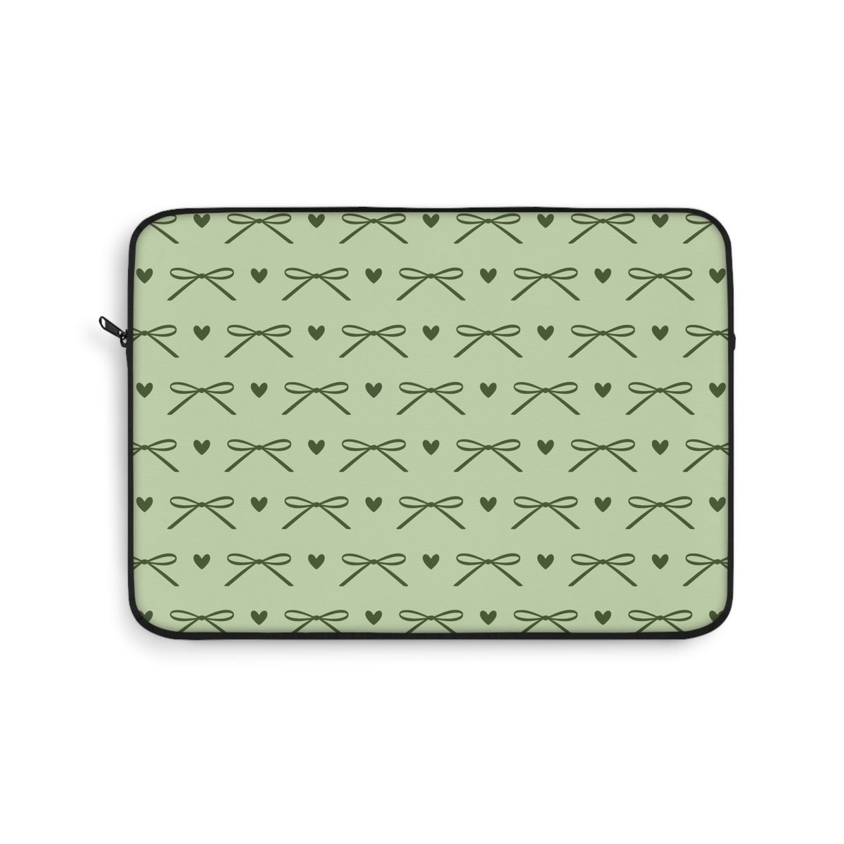 Sage green bow laptop sleeve with olive bows and hearts
