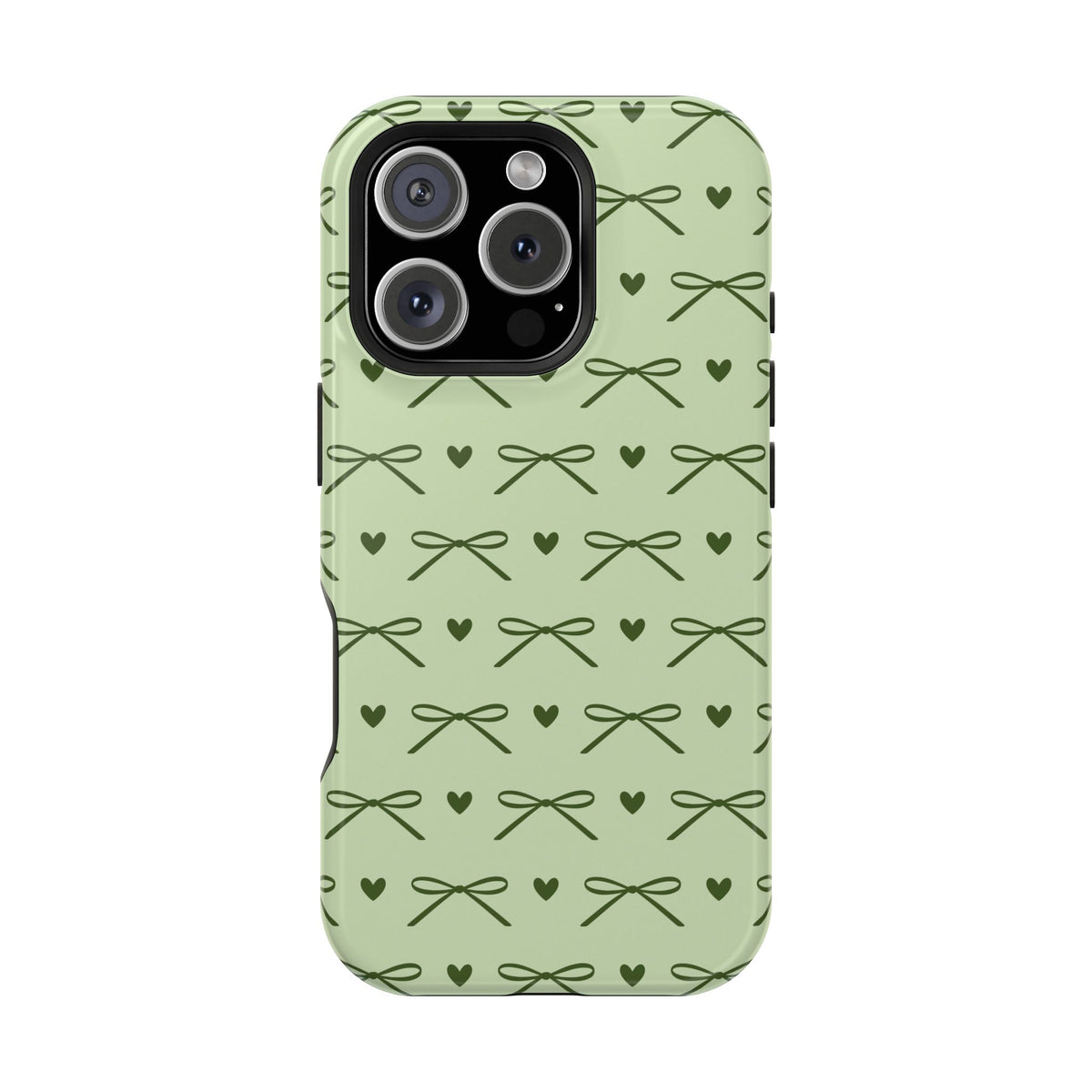 Sage green bow MagSafe phone case, side view