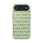 Olive ribbon bows and hearts on a sage green MagSafe phone case