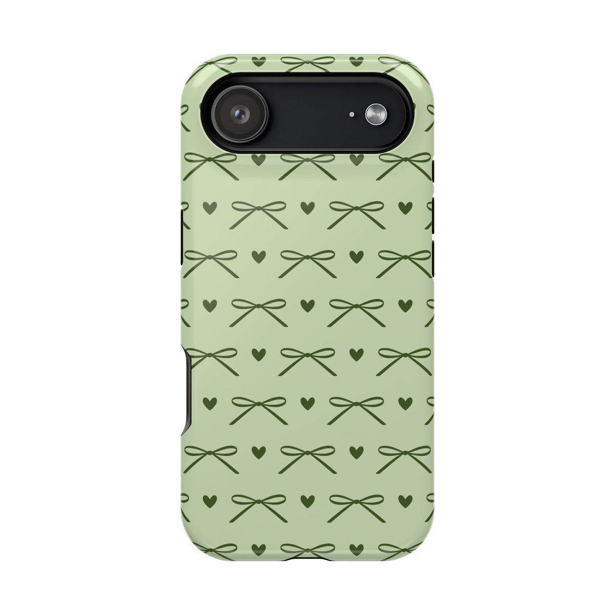 Olive ribbon bows and hearts on a sage green MagSafe phone case