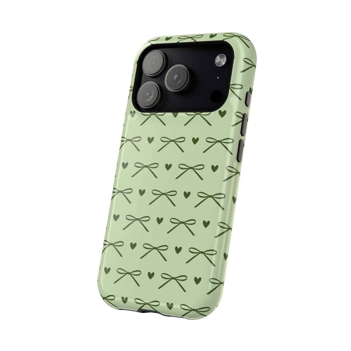 Sage green bow MagSafe phone case, detail of the bow print