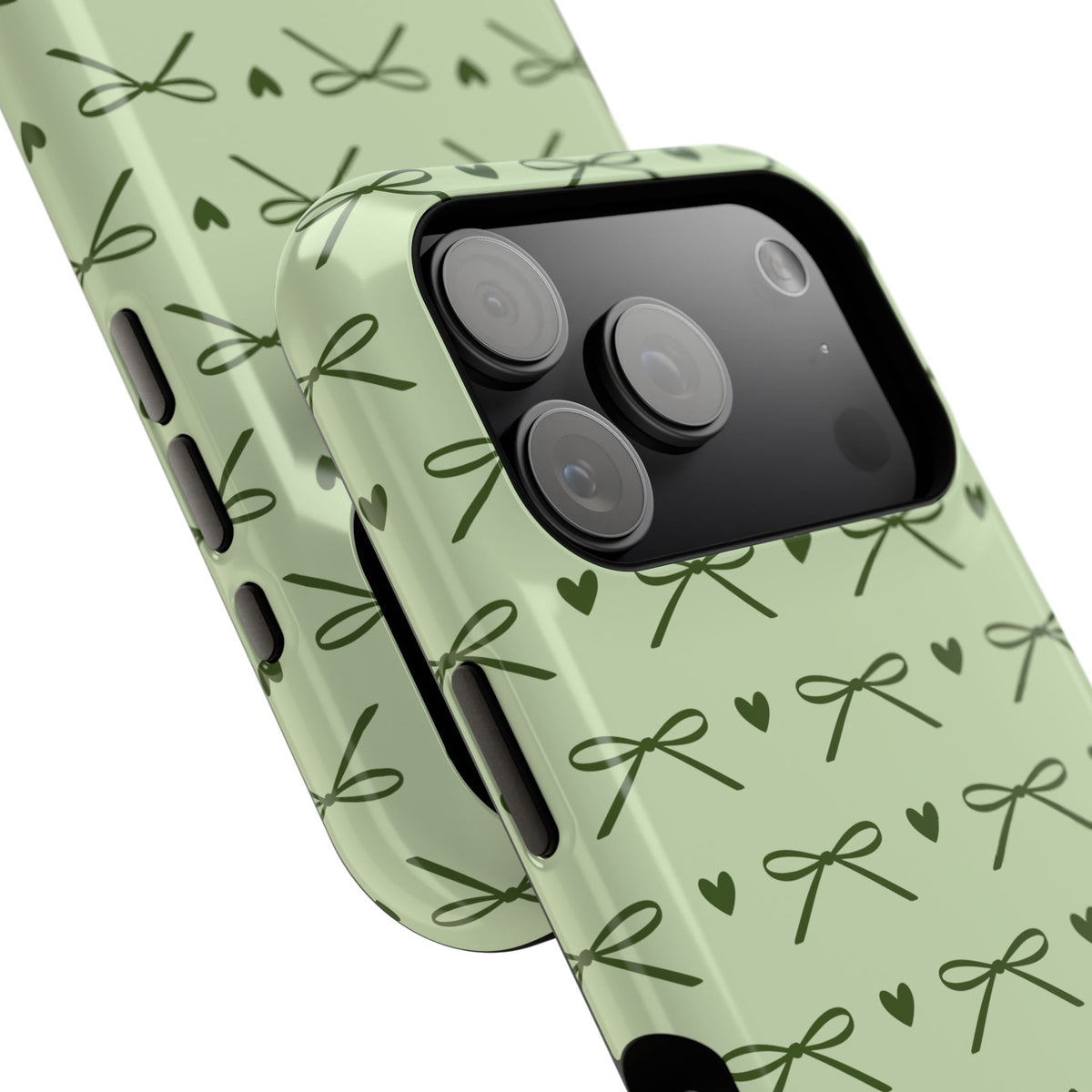 Green ribbon bow MagSafe phone case with tiny hearts