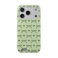 Sage green bow phone case with card holder, olive bows and hearts