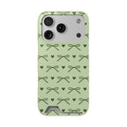 Sage green bow phone case with card holder, olive bows and hearts