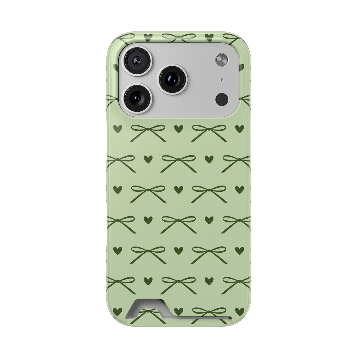 Sage green bow phone case with card holder, olive bows and hearts