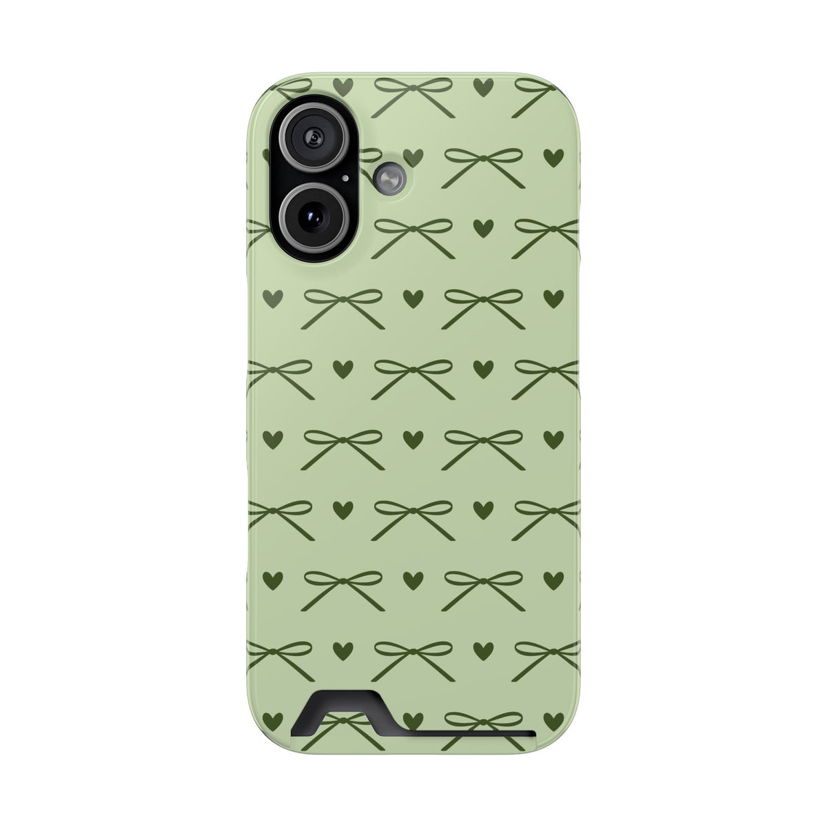 Soft sage card holder phone case with olive ribbon bows
