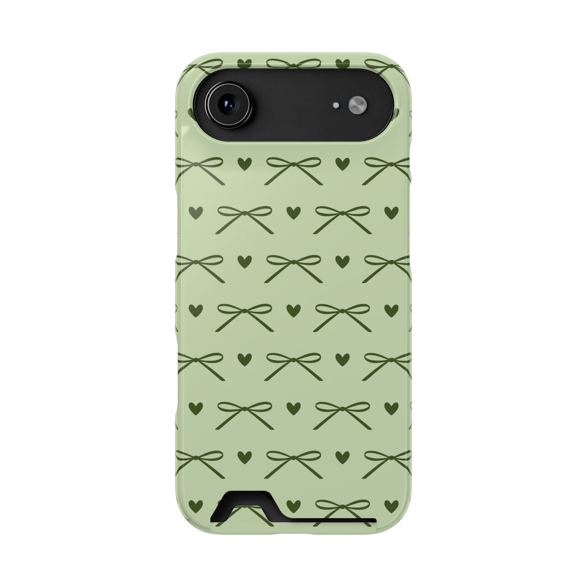 Sage green bow and heart print phone case with card holder