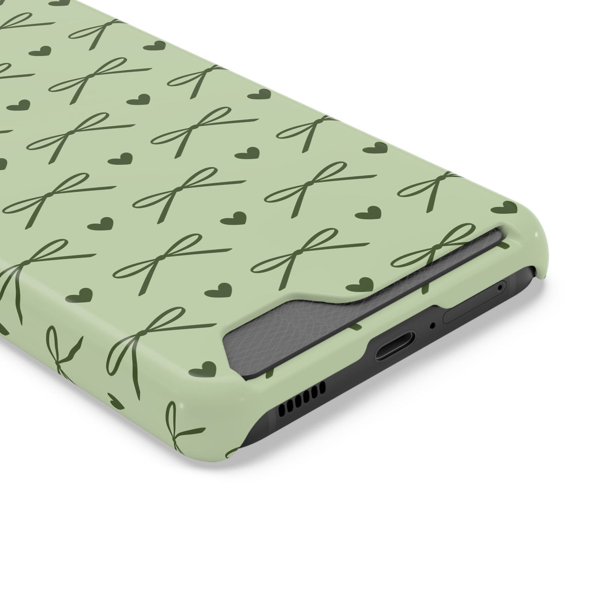 Sage green ribbon bow card holder case for iPhone and Samsung Galaxy