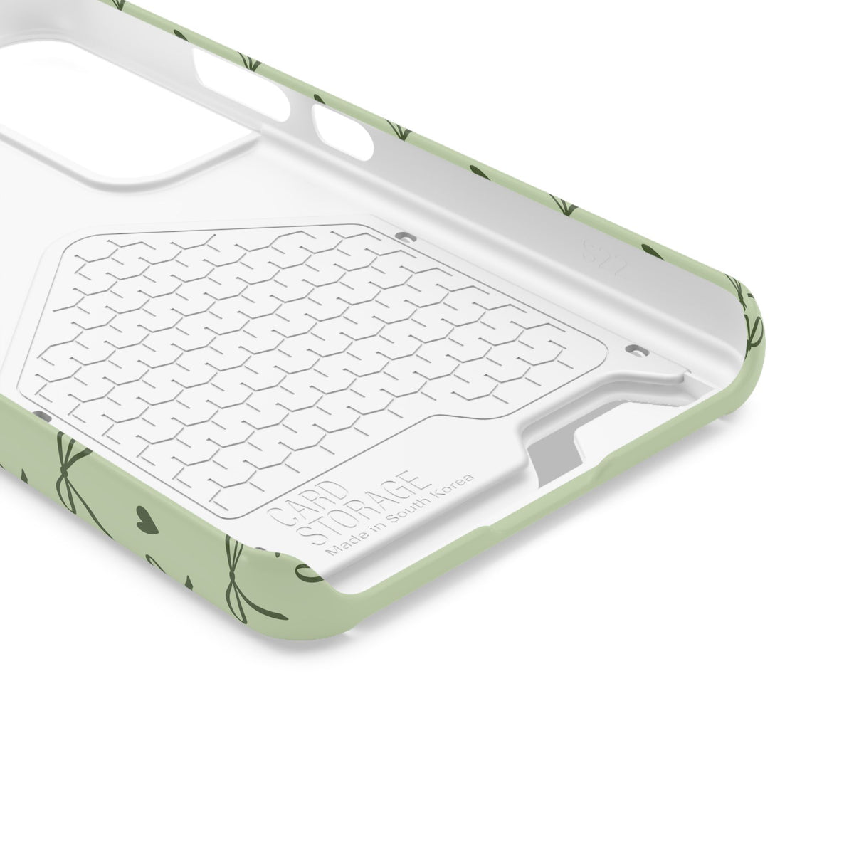 Olive bows on sage green phone case with card slot