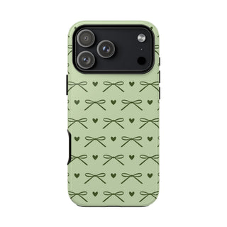 Sage green bow tough phone case with olive bows and hearts
