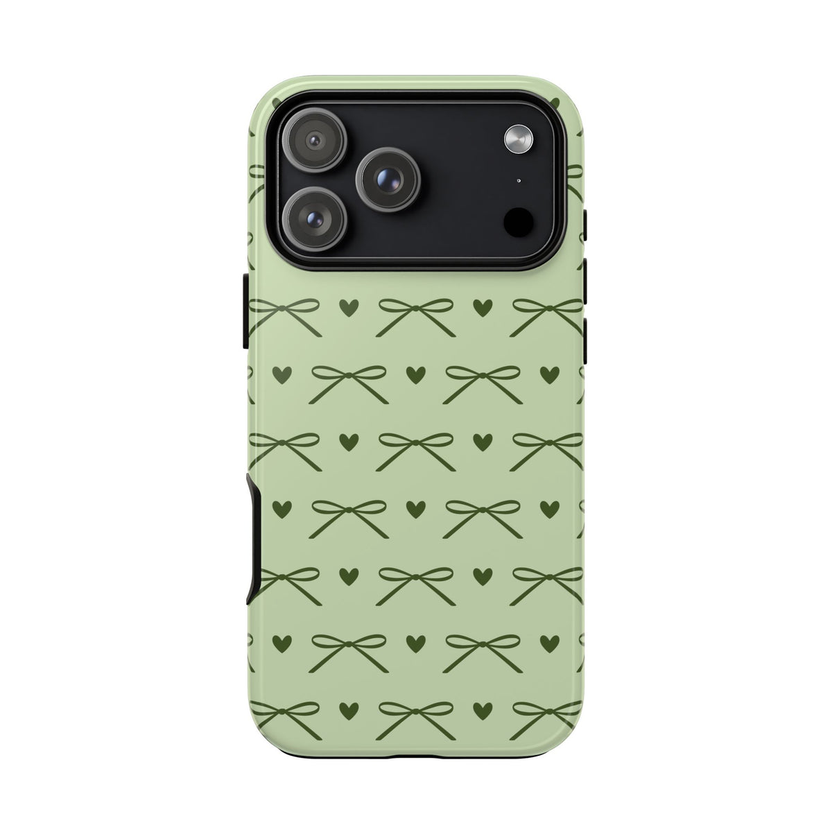 Sage green bow tough phone case with olive bows and hearts