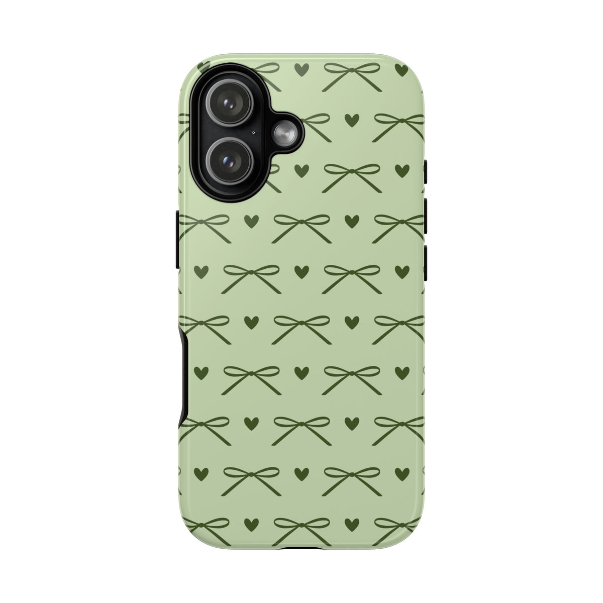 Sage green bow and heart print tough phone case