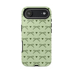 Cute sage green bow tough phone case with tiny olive hearts