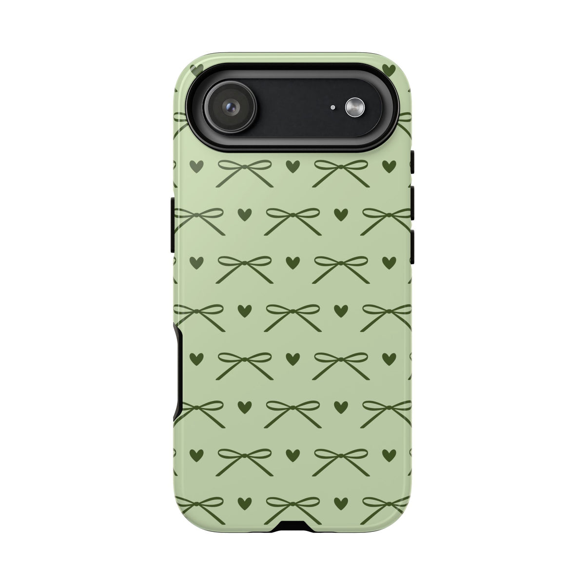 Cute sage green bow tough phone case with tiny olive hearts