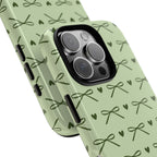 Sage green bow tough phone case, coquette heart print