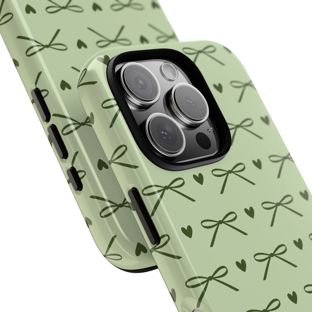 Sage green bow tough phone case, coquette heart print