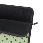 Sage green polka dot laptop sleeve, zipper detail